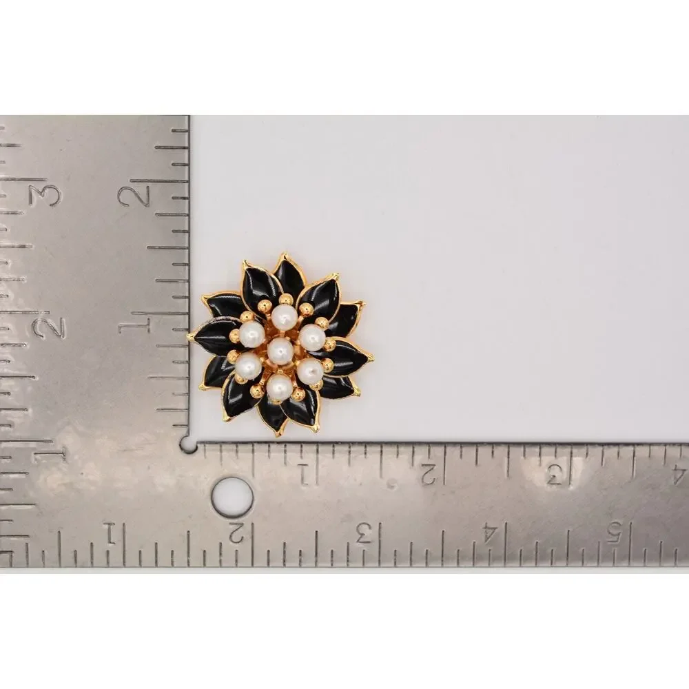 Vintage Flower Pin Brooch Black Enamel Faux Pearl Lightweight 1990s BinAT